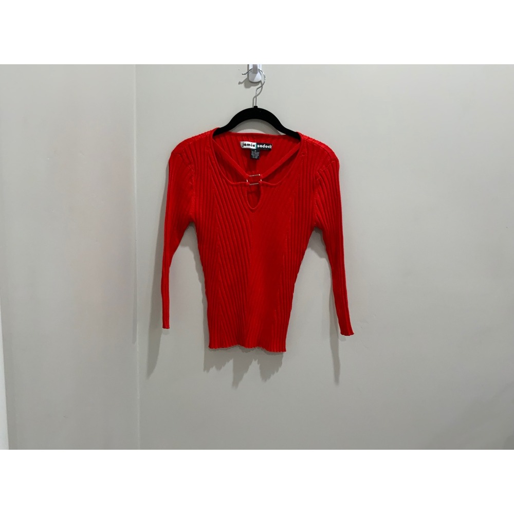 Jamie Sadock Red Silk Blend Ribbed Knit Keyhole Neck Top Womens Medium